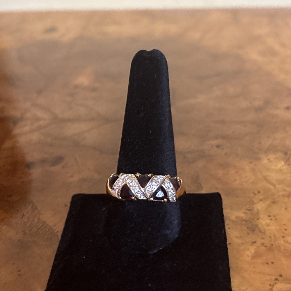Vintage Size 11 Ring Band Garnet & Clear Cubic Zirconia Triangle Design